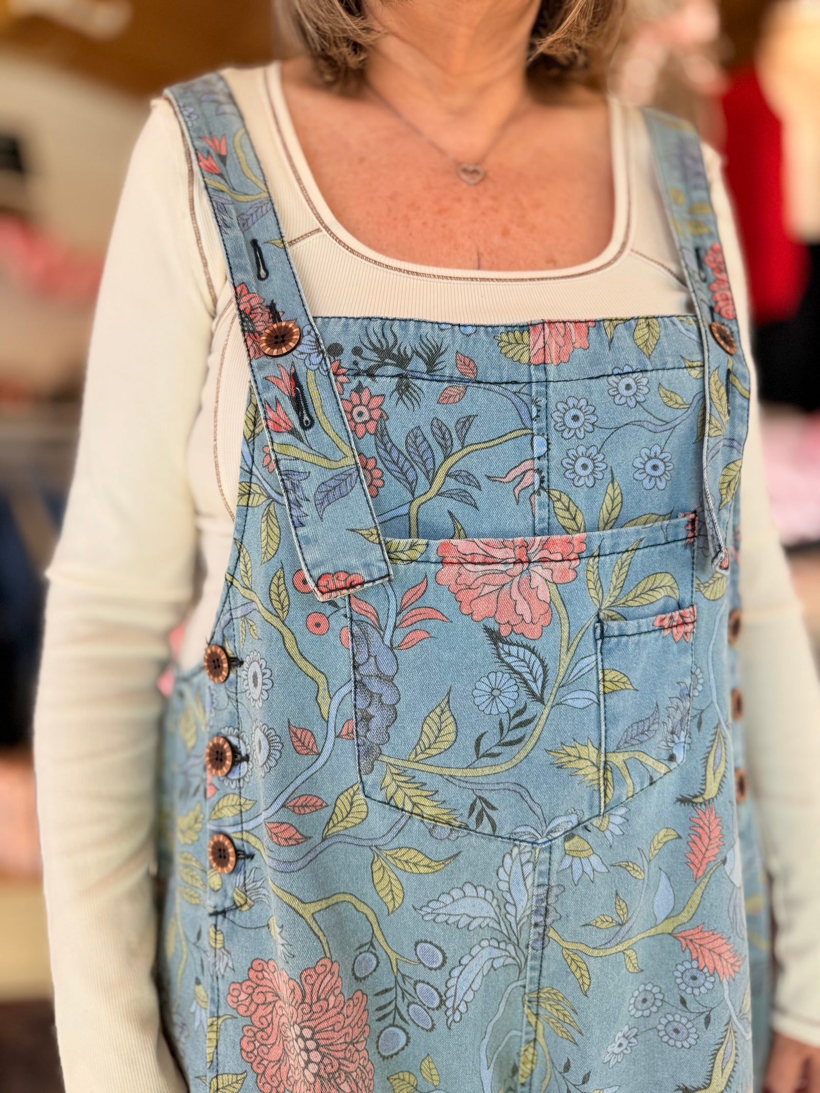Easel Light Wash Floral Denim Overalls