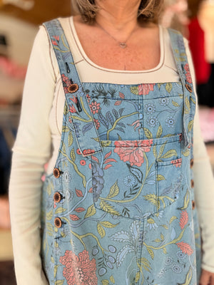 Easel Light Wash Floral Denim Overalls
