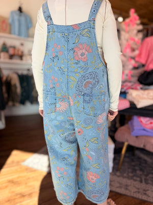 Easel Light Wash Floral Denim Overalls