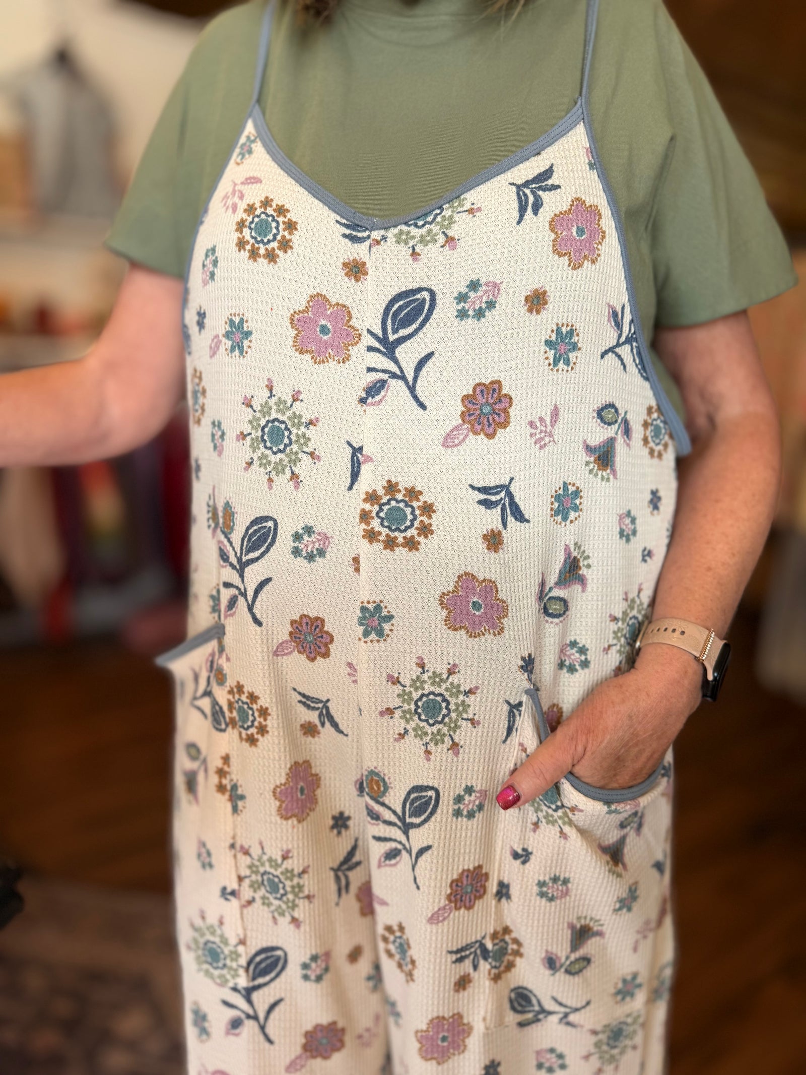 Easel Lilac Blue Floral Printed Waffle Jumpsuit