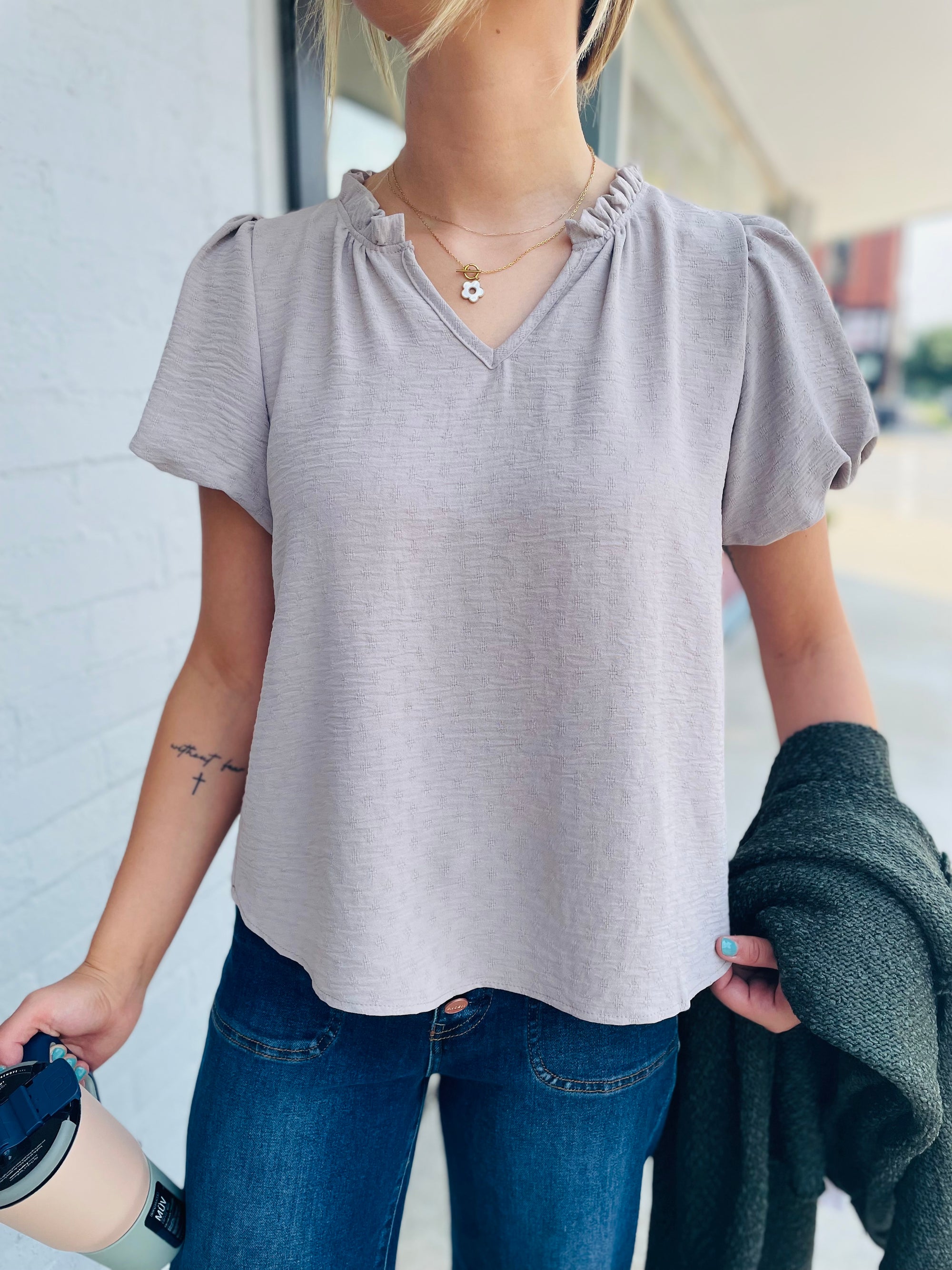 Oatmeal Textured Bubble Sleeve Blouse