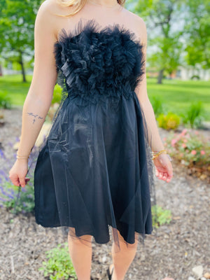 Layered Mesh Ruffled Strapless Mini Dress - Black