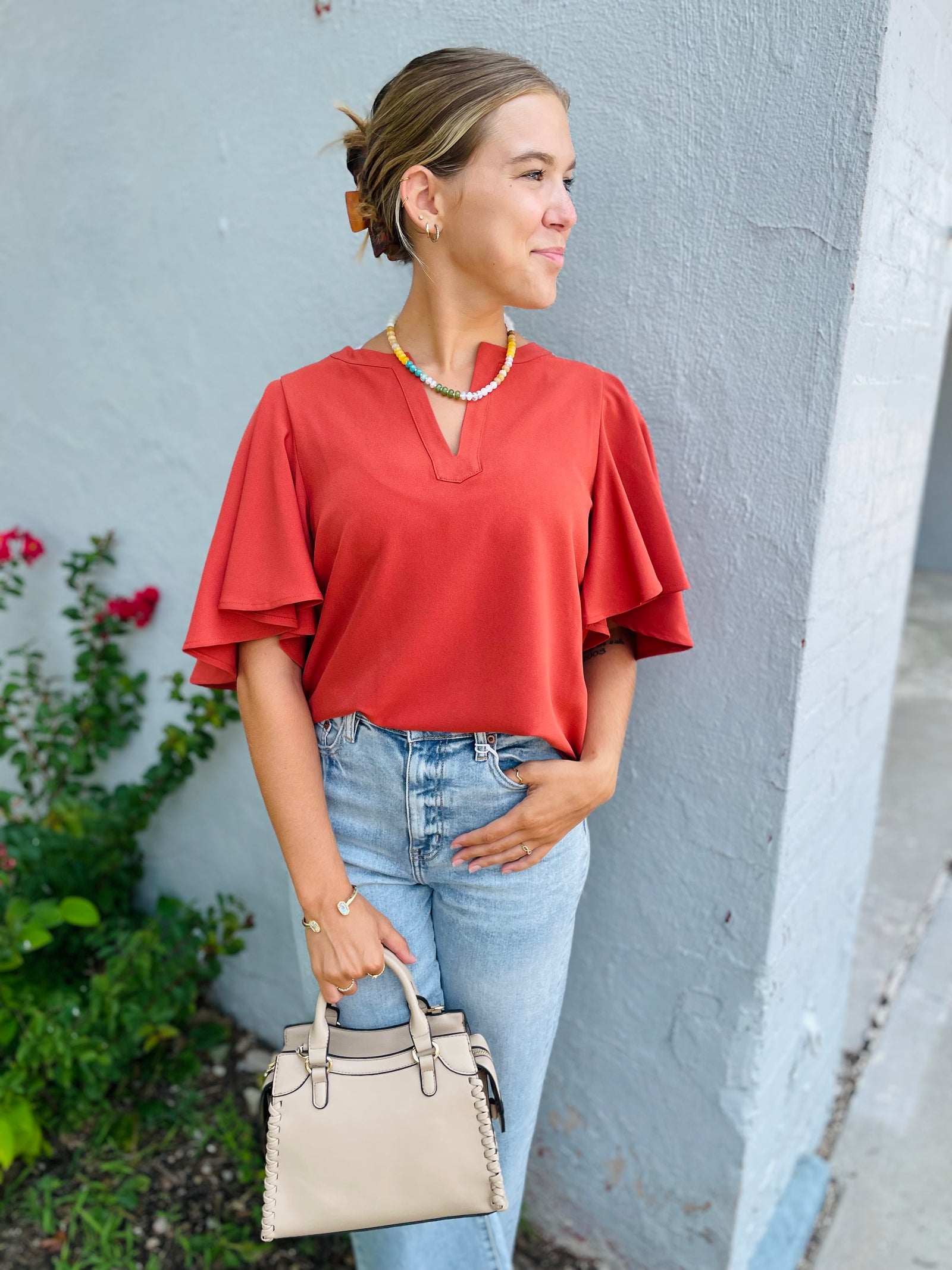 Rust Flutter Sleeve Blouse
