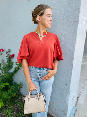 Rust Flutter Sleeve Blouse