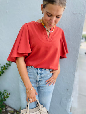 Rust Flutter Sleeve Blouse