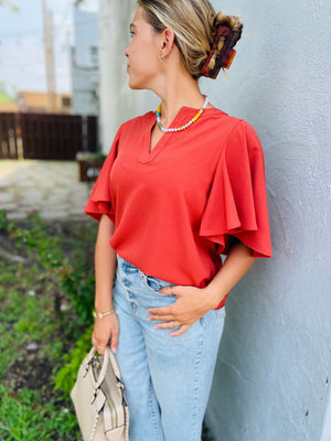 Rust Flutter Sleeve Blouse