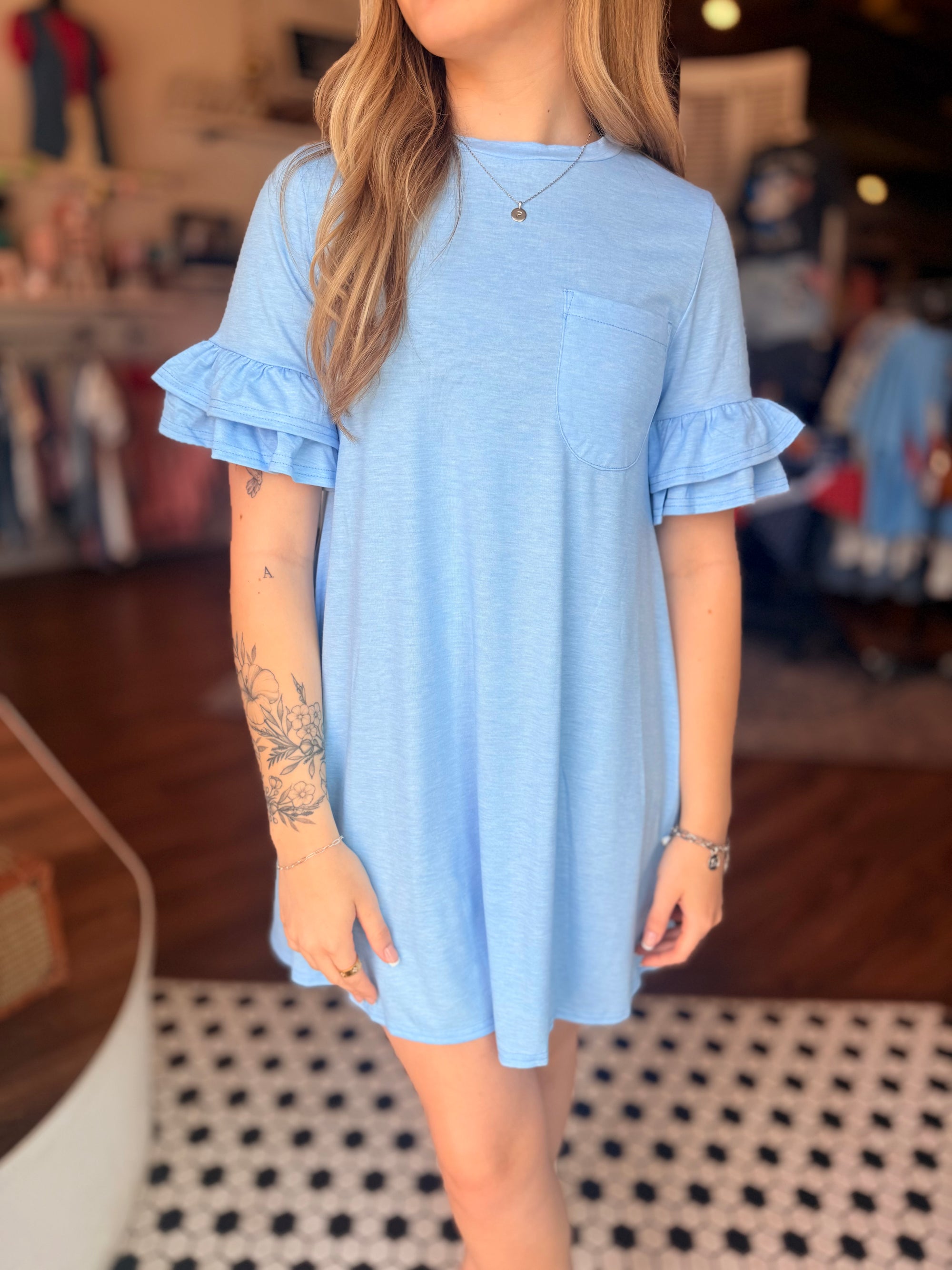620 Day Deal - Sky Blue Ruffle Sleeve T-Shirt Dress