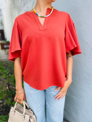 Rust Flutter Sleeve Blouse