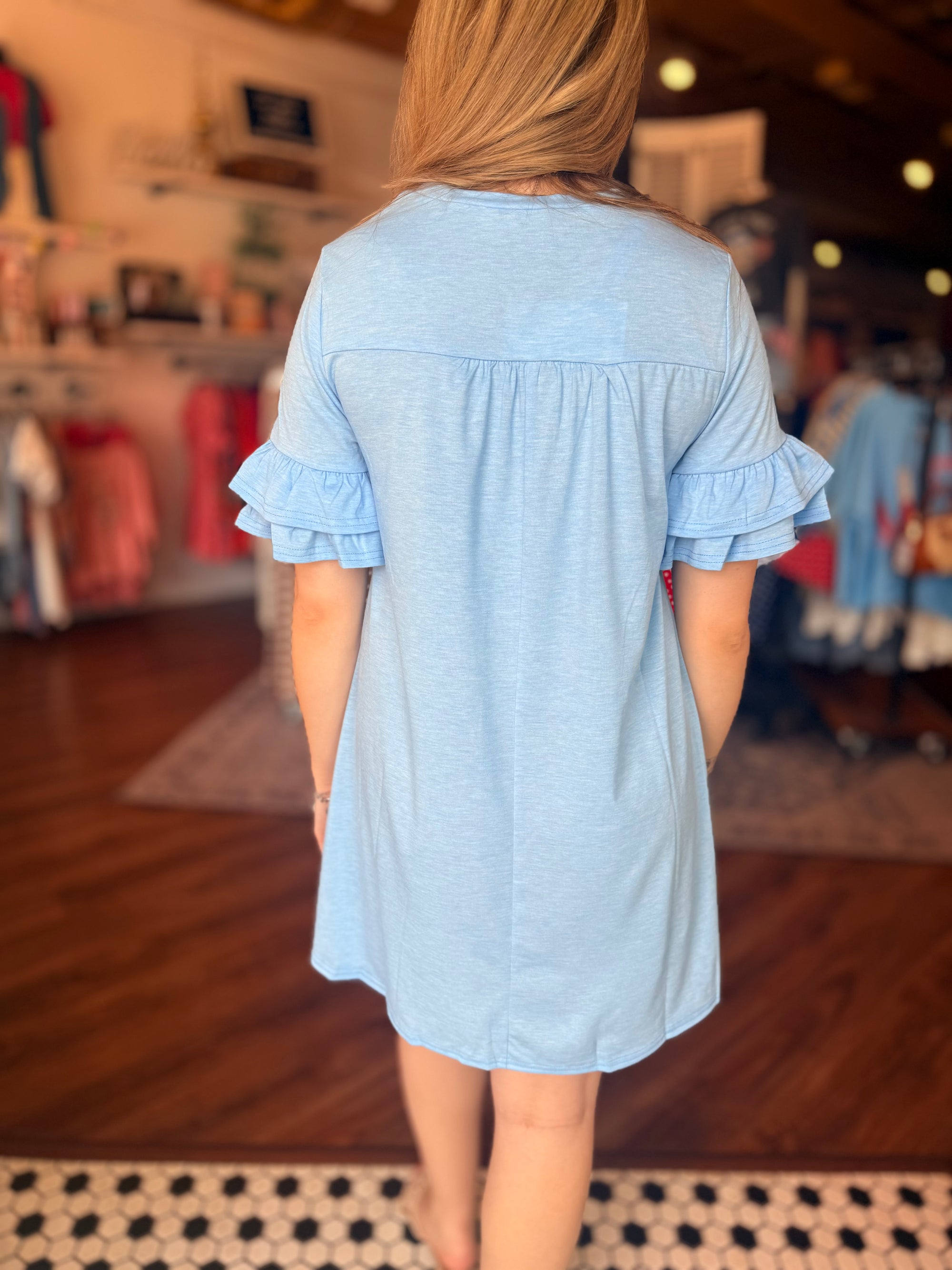 620 Day Deal - Sky Blue Ruffle Sleeve T-Shirt Dress