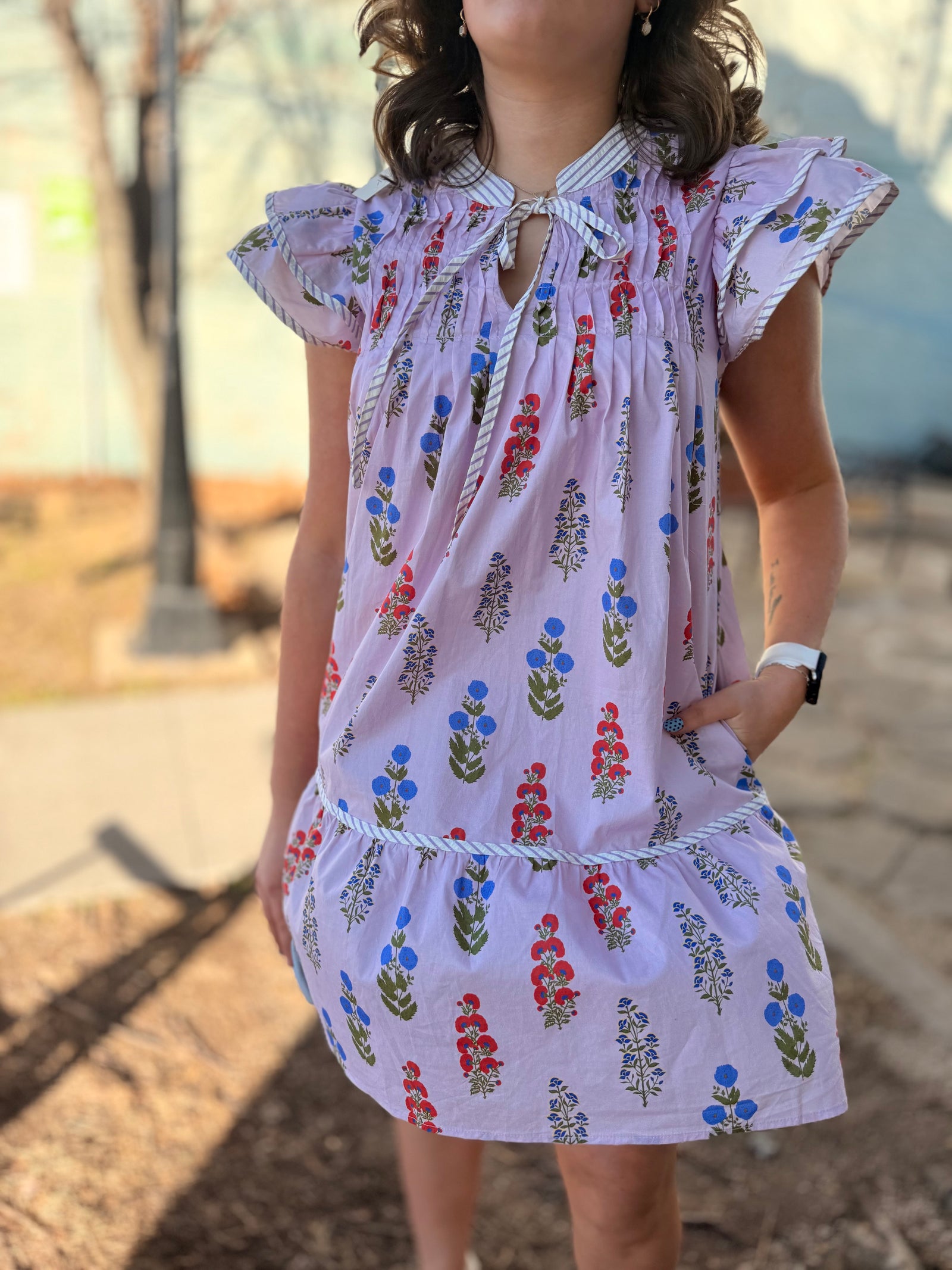 Lilac Pink Ruffle Sleeve Floral Mini Dress