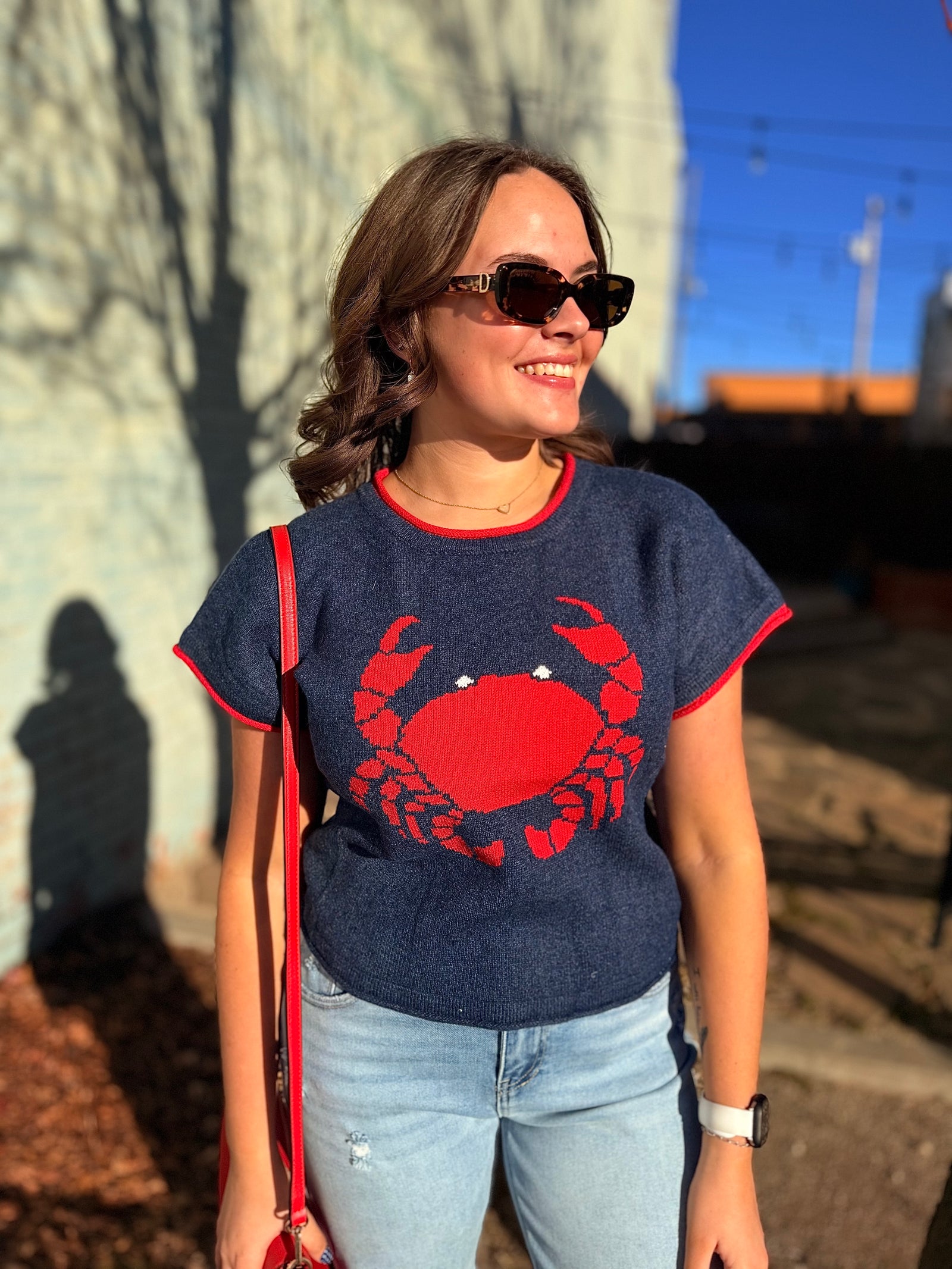 Navy Short Sleeve Crab Print Knit Sweater