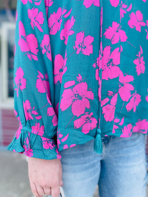 Floral Blouse w/ Tassel Detail - Jade + Pink
