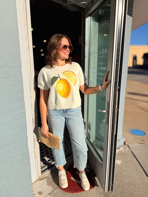 Cream Lemon Graphic Short Sleeve Sweater
