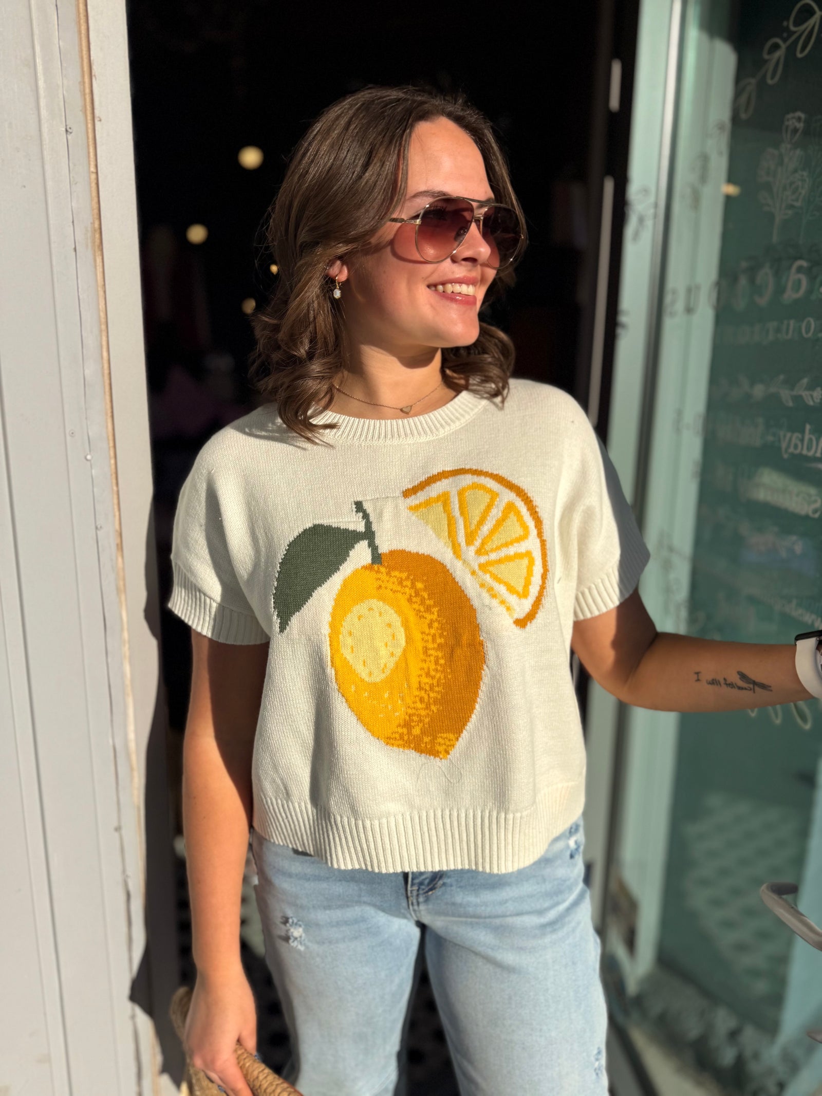 Cream Lemon Graphic Short Sleeve Sweater