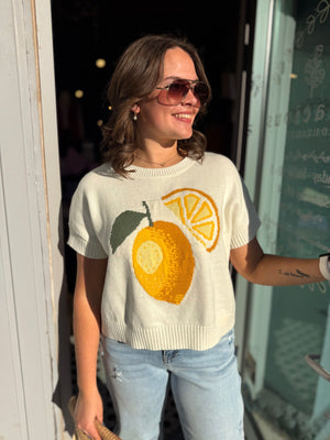 Cream Lemon Graphic Short Sleeve Sweater