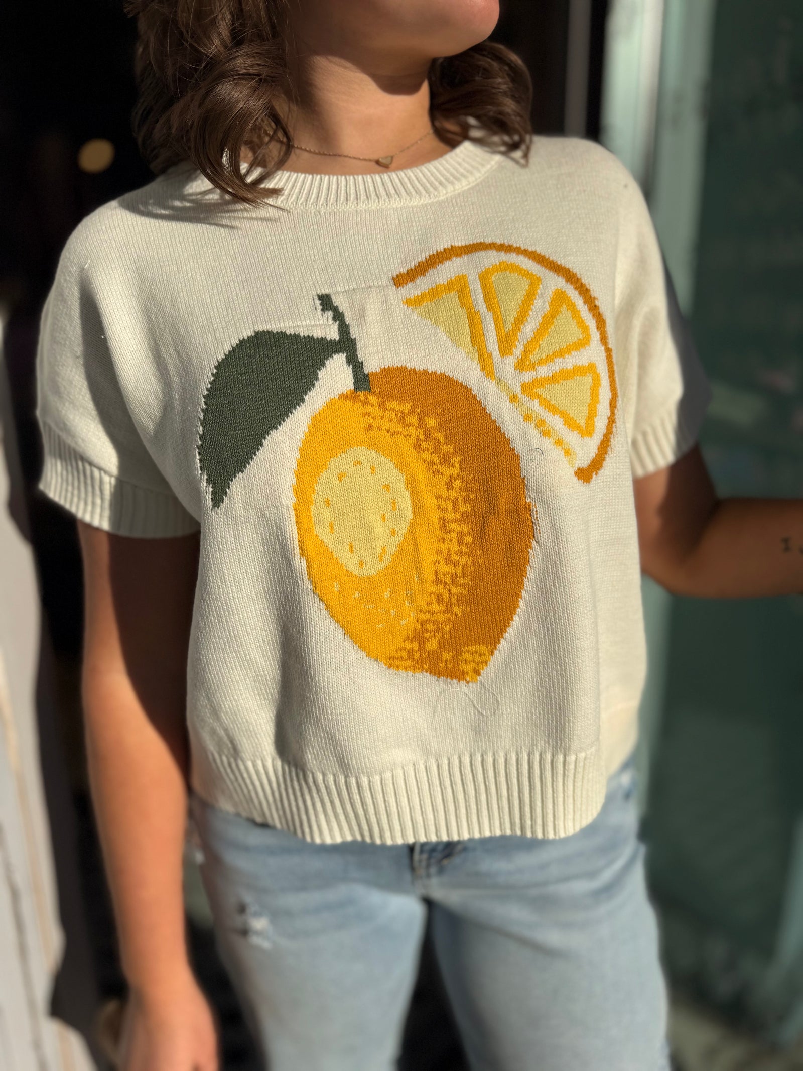 Cream Lemon Graphic Short Sleeve Sweater