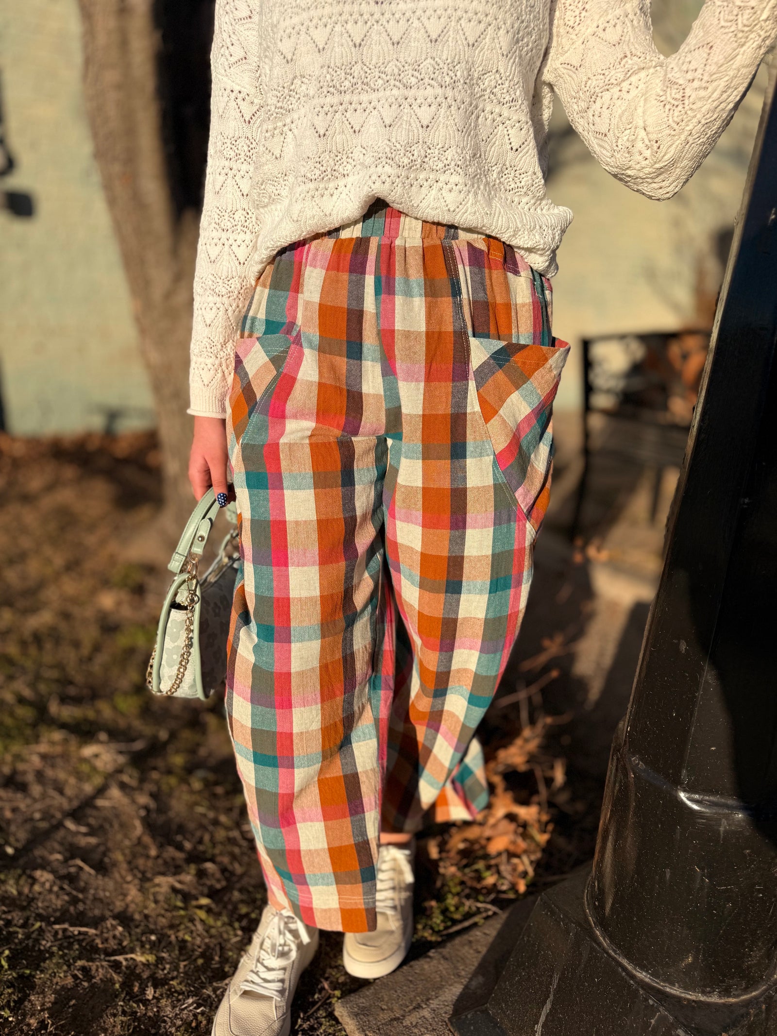 Easel Jewel Tone Plaid Linen Pants