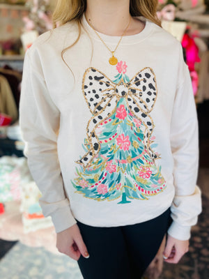 Ivory Cheetah Bow Christmas Tree Sweatshirt