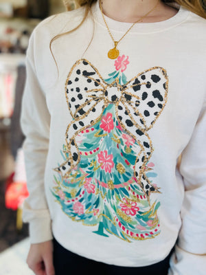 Ivory Cheetah Bow Christmas Tree Sweatshirt