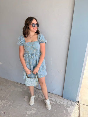 Light Denim Floral Puff Sleeve Mini Dress