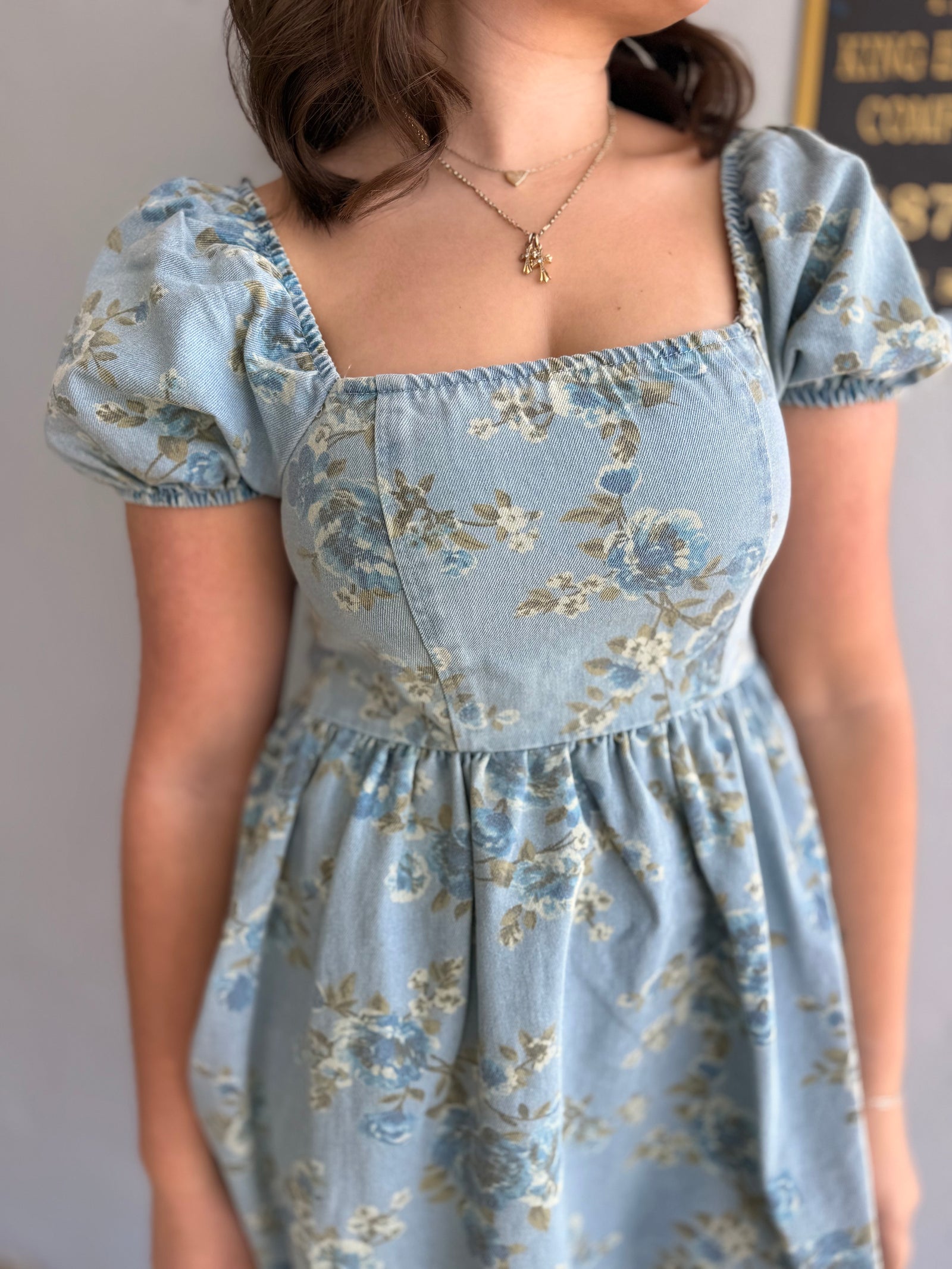 Light Denim Floral Puff Sleeve Mini Dress
