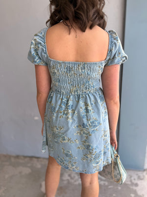 Light Denim Floral Puff Sleeve Mini Dress