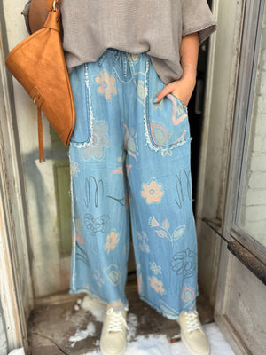 Easel Floral Print Washed Chambray Pants