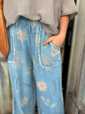 Easel Floral Print Washed Chambray Pants