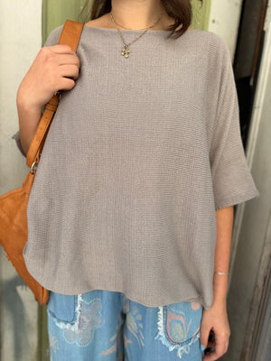 Easel Boat Neck Mocha Knit Short Sleeve Sweater