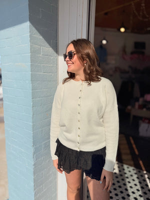 Solid Crewneck Button Down Cardigan