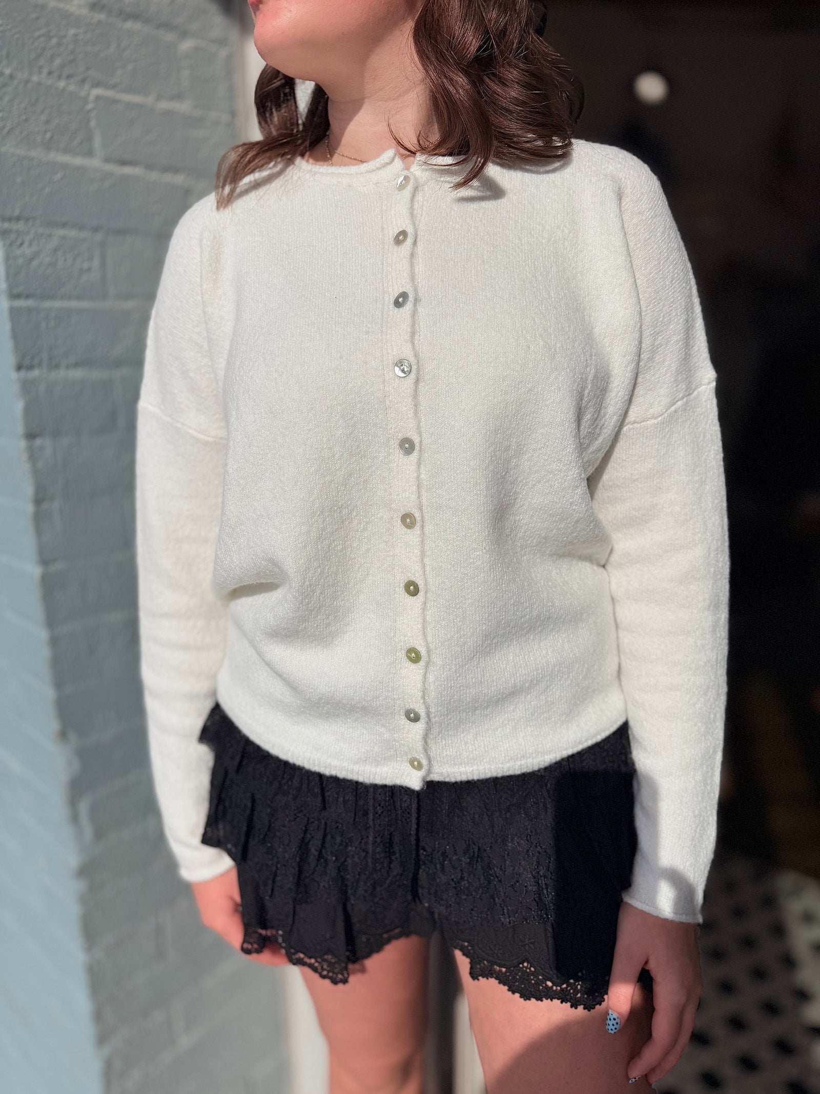 Solid Crewneck Button Down Cardigan