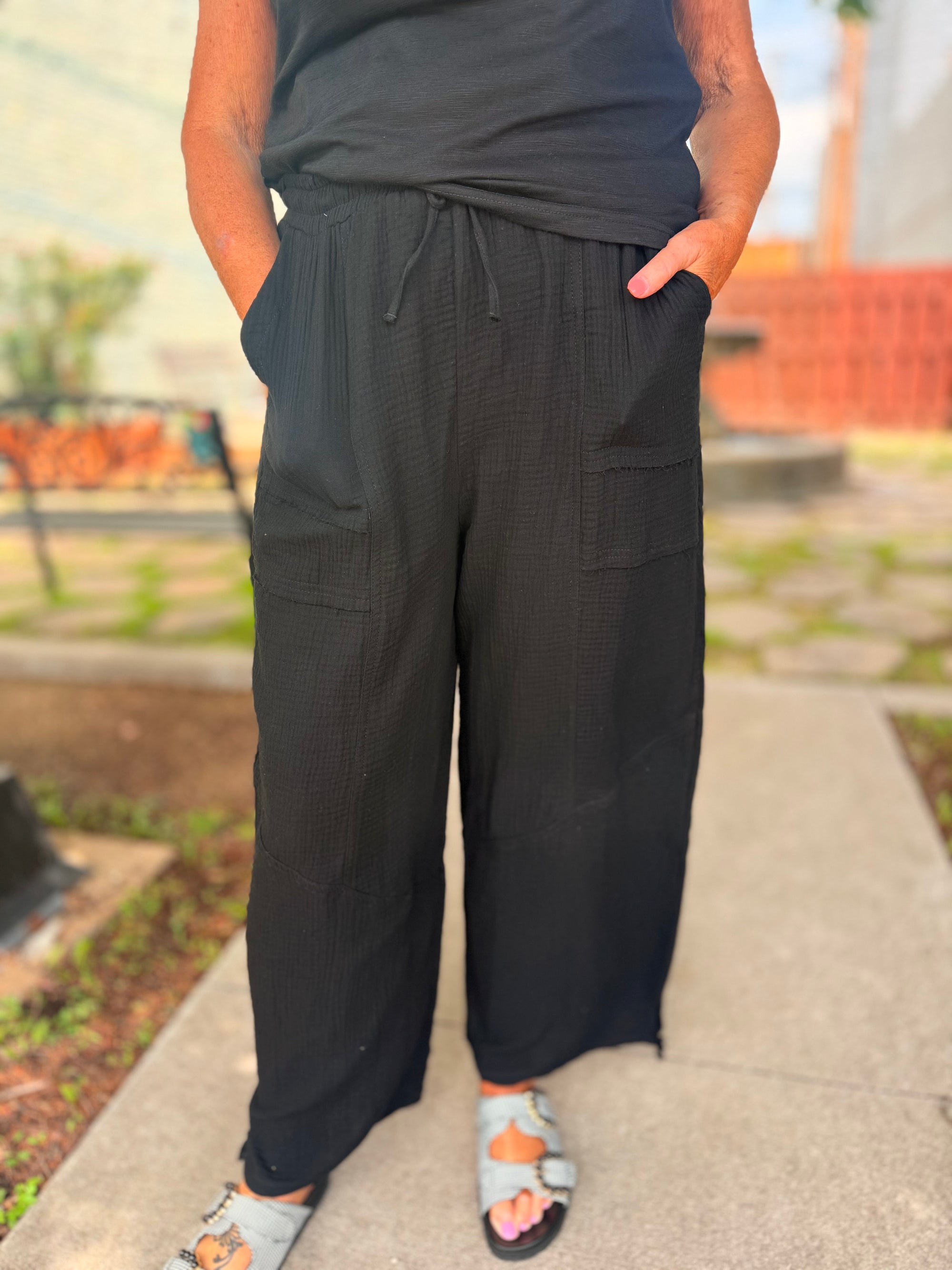 Black Wide Leg Cotton Gauze Pants