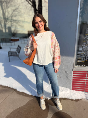 Easel Mixed Print Ivory Relaxed Top