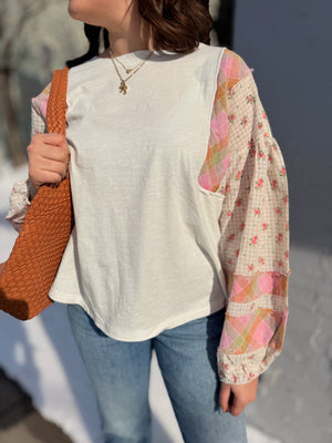 Easel Mixed Print Ivory Relaxed Top