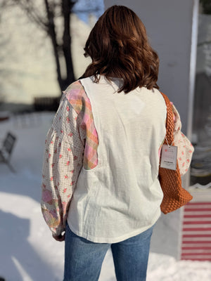 Easel Mixed Print Ivory Relaxed Top