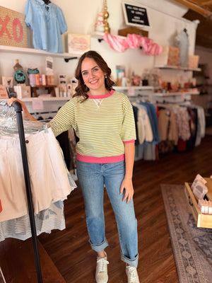 Green + Pink Striped Knit Top