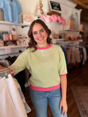 Green + Pink Striped Knit Top