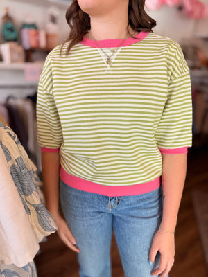 Green + Pink Striped Knit Top
