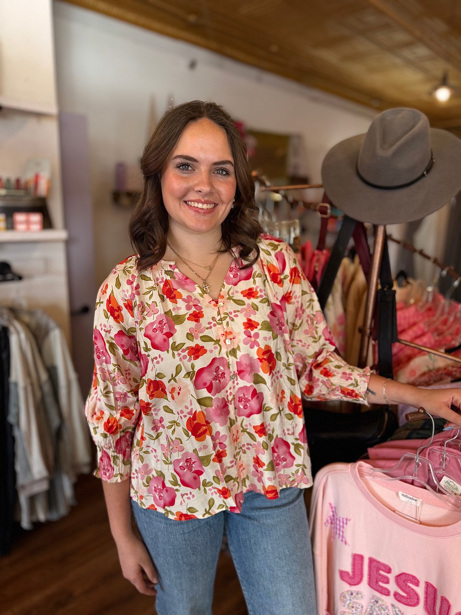 Pink Floral Quarter Sleeve Blouse