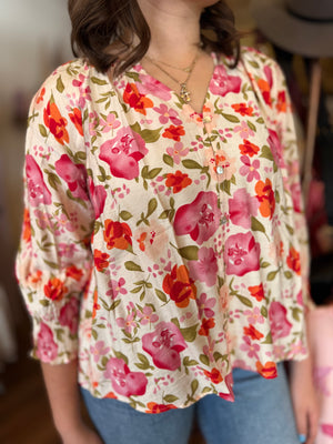Pink Floral Quarter Sleeve Blouse