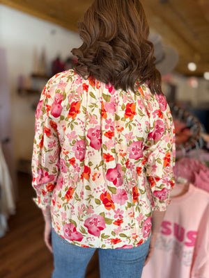 Pink Floral Quarter Sleeve Blouse