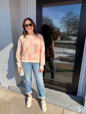 Easel Blush Patchwork Print Crewneck