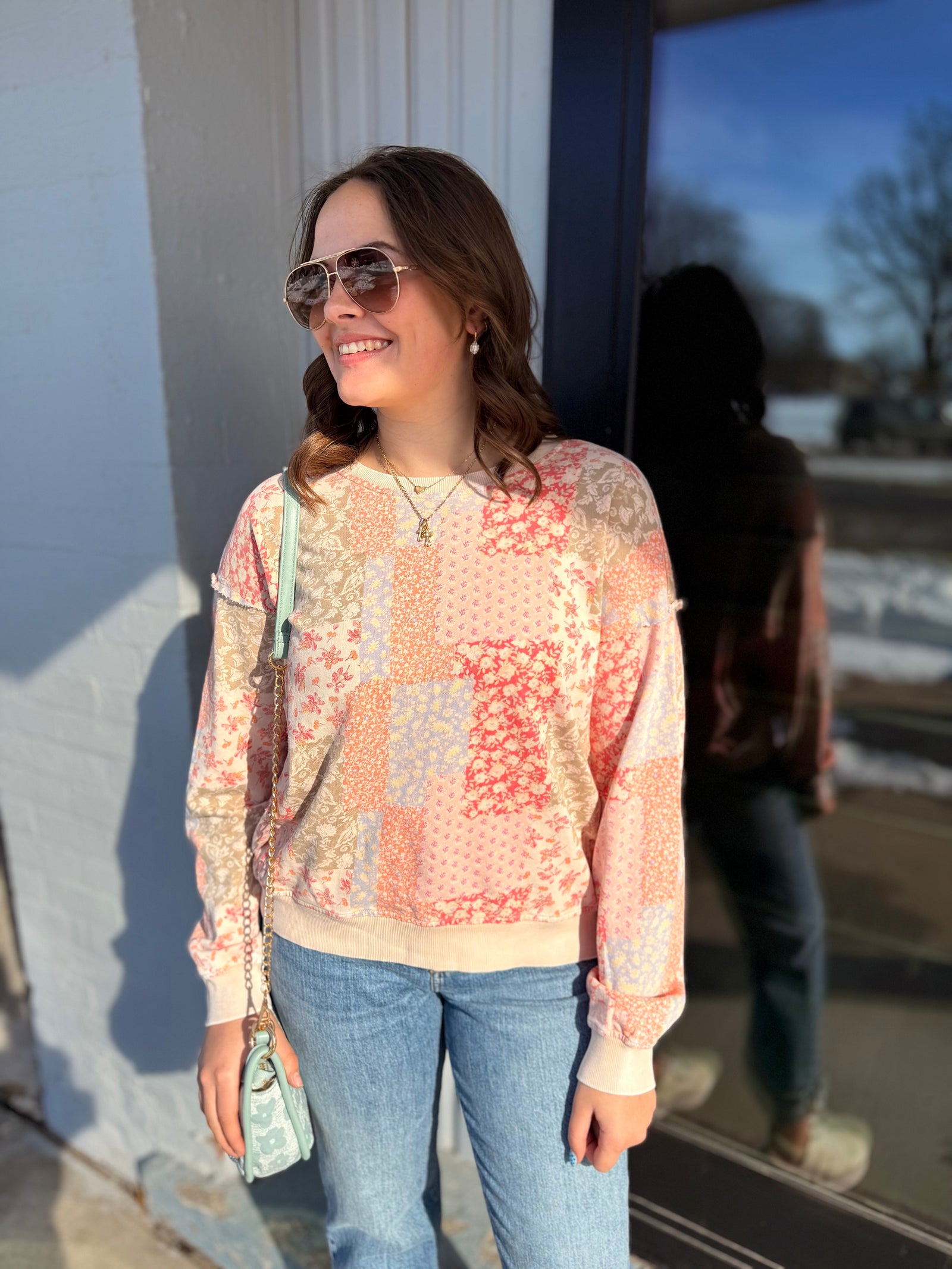 Easel Blush Patchwork Print Crewneck