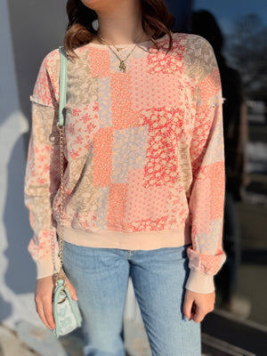 Easel Blush Patchwork Print Crewneck