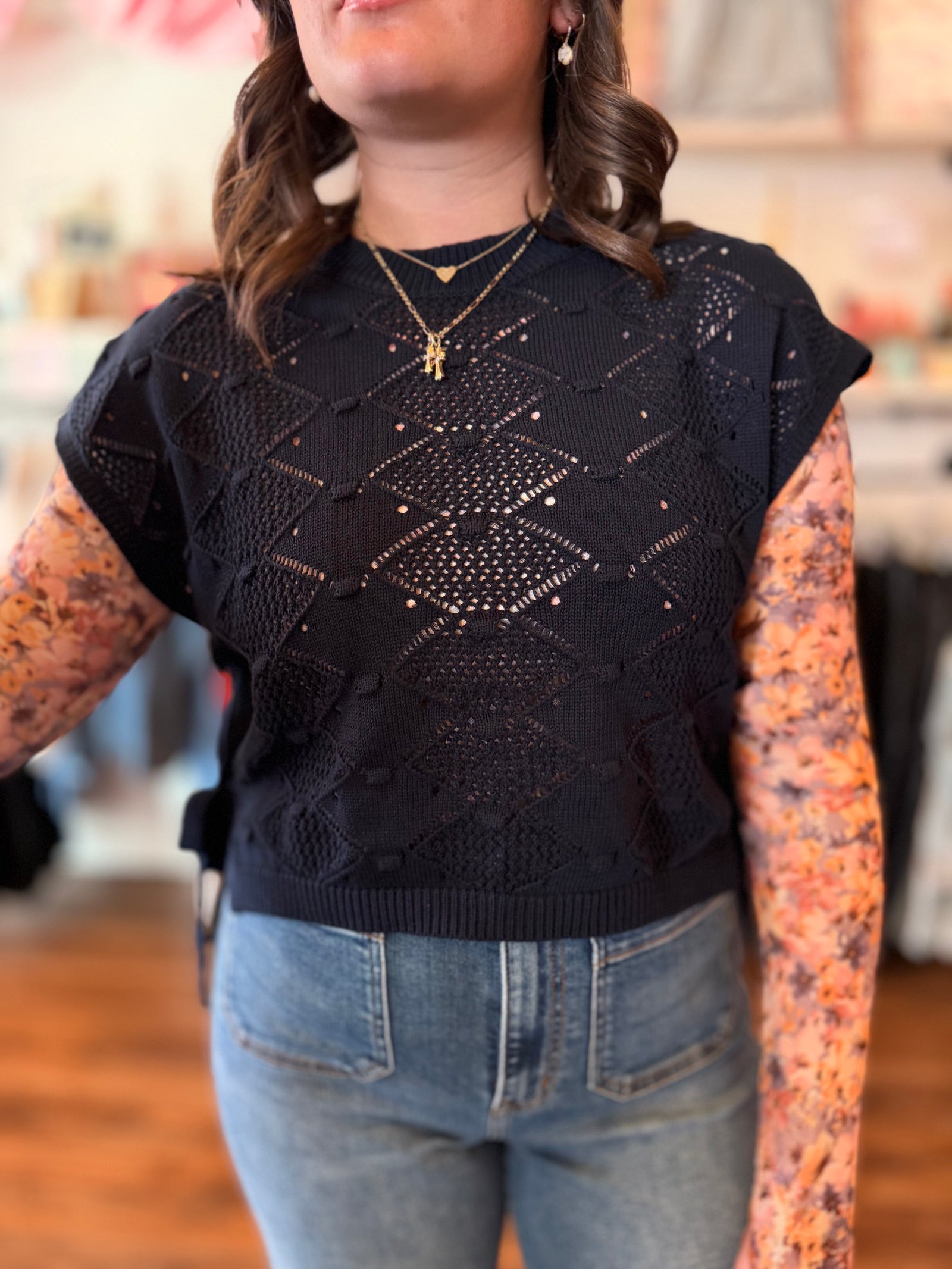 Navy Open Knit Side Tie Sweater Vest