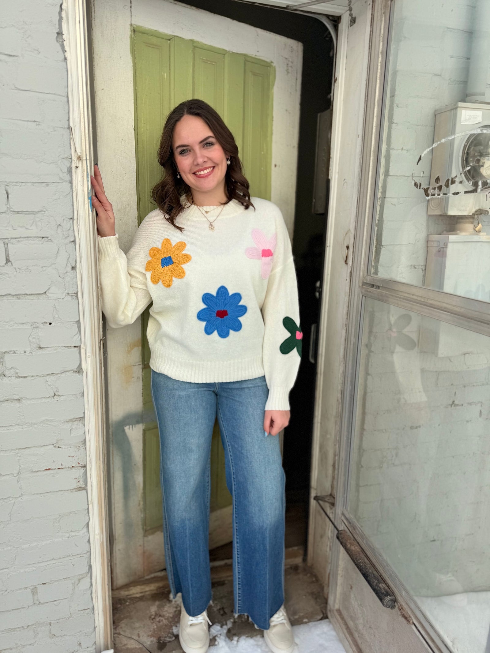 Cream Multicolor Crochet Floral Knit Sweater