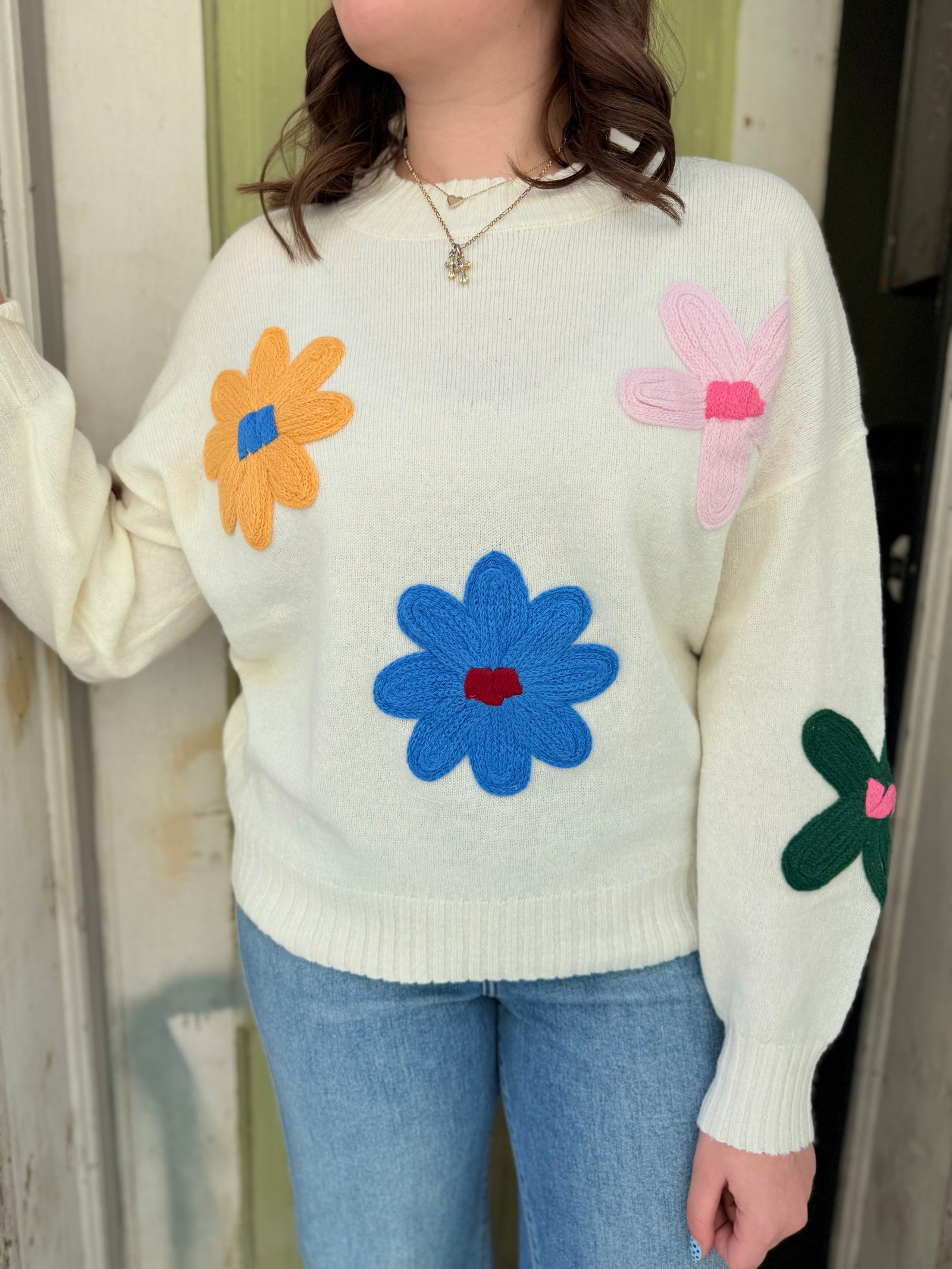 Cream Multicolor Crochet Floral Knit Sweater