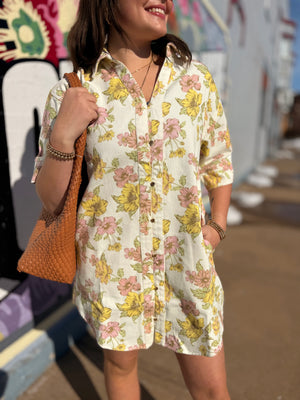 Entro Pink + Yellow Floral Button Down Dress