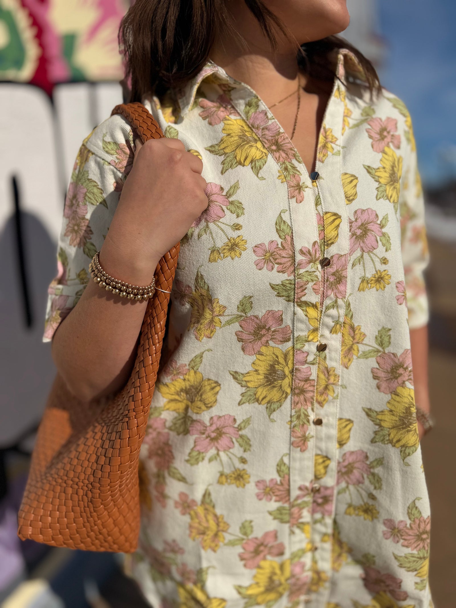 Entro Pink + Yellow Floral Button Down Dress