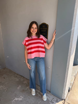 Entro Pink + Red Stripe Sleeveless Sweater Vest